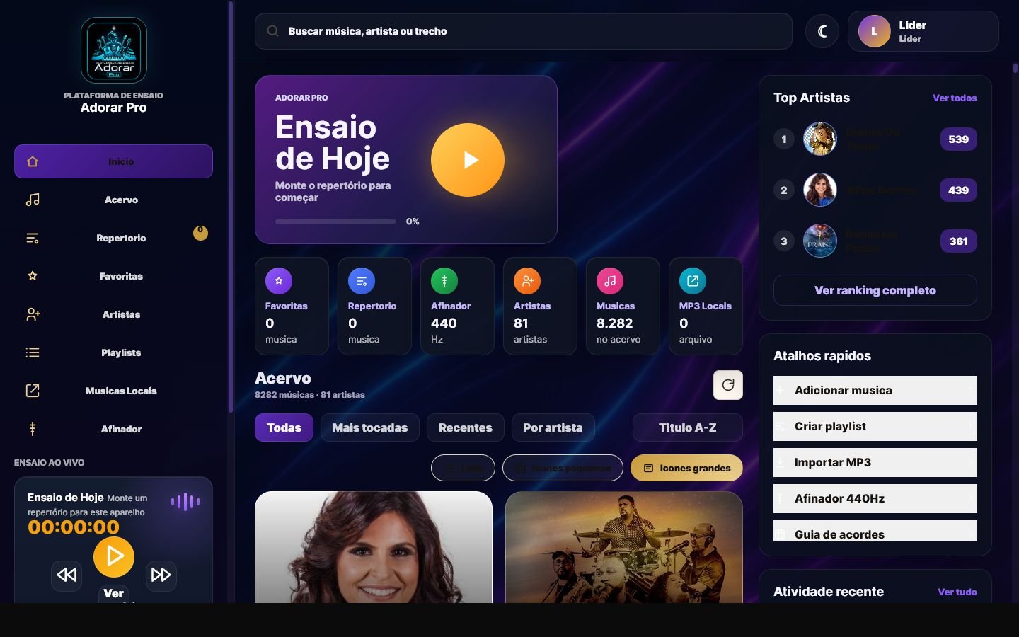 Painel principal do Adorar Pro com repertório, acervo e atalhos