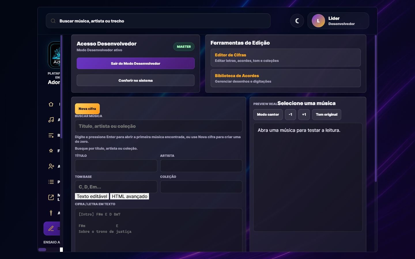 Modo desenvolvedor e editor de cifras do Adorar Pro